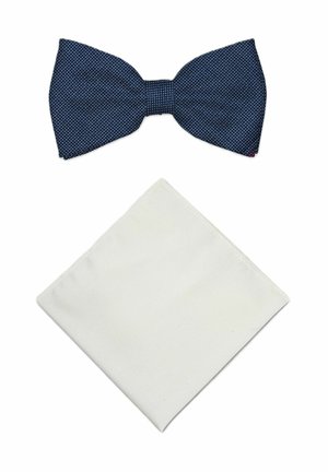 Dark blue textured bow tie above a folded white pocket square on a white background.