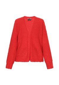 Rode, fluffy cardigan met lange mouwen en een V-hals. Heeft een losse pasvorm en een gestructureerd oppervlak voor extra warmte en comfort.