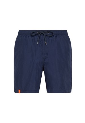 Pantaloncini da bagno blu navy con vita elastica e coulisse, con una piccola etichetta arancione sull'orlo sinistro.