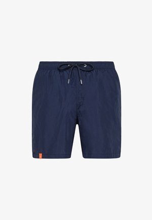 Pantaloncini da bagno blu navy con vita elastica e coulisse, con una piccola etichetta arancione sull'orlo sinistro.