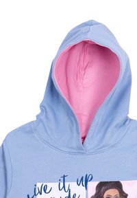 Felpa con cappuccio azzurro chiaro con foderatura rosa, caratterizzata da una stampa grafica sul fronte. Tessuto morbido, vestibilità rilassata e polsini a costine.