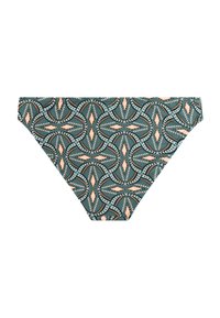 Dámske bikini nohavičky so zeleným, broskyňovým a sivým geometrickým vzorom s diamantovými a zakrivenými tvarmi na bielom podklade.