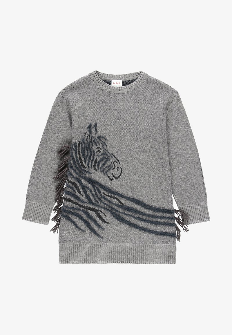 Pull gris à manches longues avec un motif de tête de zèbre noire et des rayures, comprenant des détails en franges s'étendant de la crinière et des rayures du zèbre.
