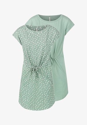 Zwei Kurzarmkleider in mintgrün, eines mit weißen Punkten und einem elastischen Zugband in der Taille, und das andere in einfarbigem mintgrün.