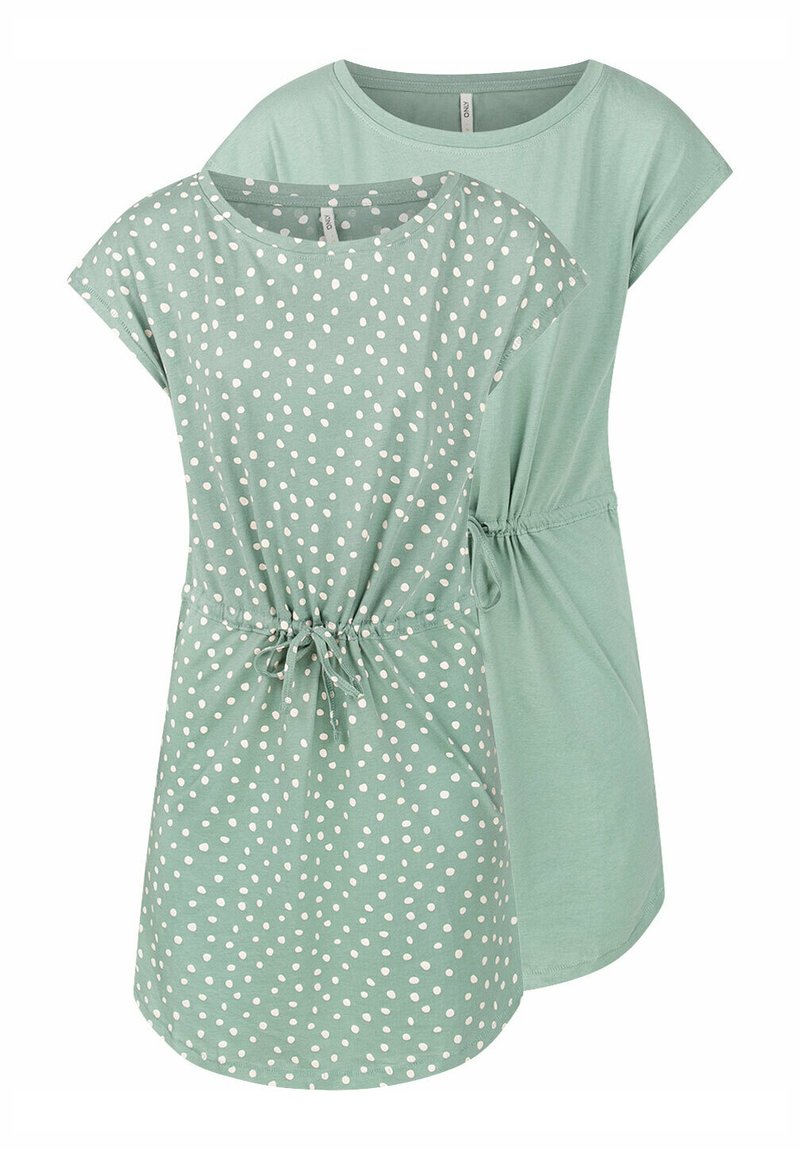 Twee kortemouwen jurken in mintgroen, één met witte stippen en een elastische trekkoordtaille, en de andere volledig mintgroen.