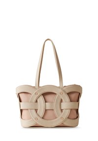 Beige Tragetasche mit strukturierten Riemen, die kreisförmige Muster bilden, und einem glatten Innenmaterial. Zwei stabile Griffe für einfaches Tragen.