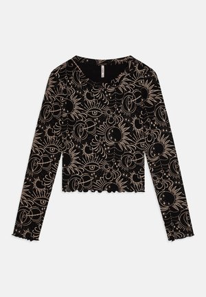 Schwarzes langärmliges Crop-Top aus geripptem Stoff mit einem goldenen, himmlischen Druck von Sonnen, Monden und Augen. Mit gewelltem Saum und Ausschnitt.