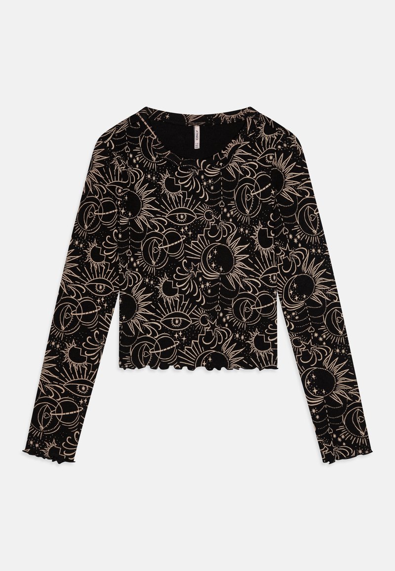 Top cropped preto de mangas longas em tecido canelado, com um print celeste dourado de sóis, luas e olhos. Detalhes de bainha e decote em formato de ondas.
