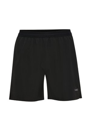 Schwarze Sportshorts mit elastischem Bund und kleinen seitlichen Schlitzen, versehen mit einem dezenten "hummel"-Logo nahe dem unteren Saum.