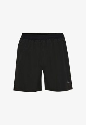 Czarne sportowe szorty z elastycznym paskiem w talii i małymi bocznymi rozcięciami, z subtelnym logo "hummel" w pobliżu dolnego brzegu.