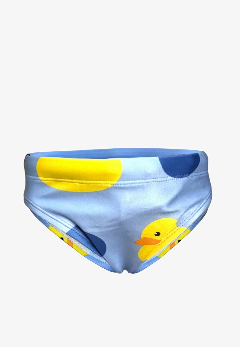 Blaue Badeshorts mit einem Gummiente-Design und kreisförmigen Mustern in Gelb und Blau. Hergestellt aus glattem, elastischem Stoff mit einer taillierten Passform.