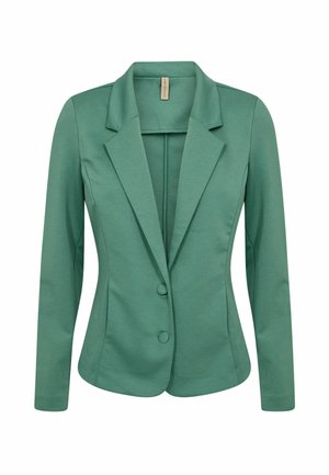 Rohelise tooniga naiste kohandatud pintsak, millel on sälgulõikega krae, kaks kangaga kaetud nööpi ja pikad varrukad.