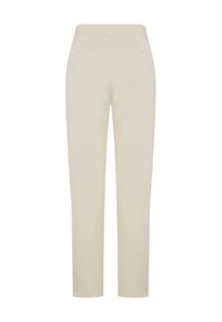 Beige trousers with a straight cut, smooth texture, two back pockets, and belt loops, featuring a clean, minimal design.