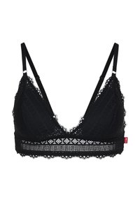 Czarny koronkowy biustonosz braletka o kształcie trójkąta, z regulowanymi ramiączkami, falbaniastymi brzegami i wzorzystym detalem wzdłuż pasa. Minimalna widoczna metalowa część.