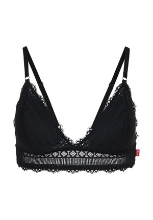 Schwarzer Spitzen-Bralette mit dreieckiger Form, verstellbaren Trägern, gewellten Kanten und gemustertem Detail entlang des Bands. Minimale sichtbare Hardware.