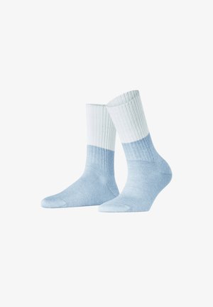 Light blue crew socks with a ribbed texture. Features a gradient design transitioning from white to light blue at the top.
