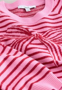 Pull en tricot rose avec des rayures verticales rouges. Texture douce, poignets et encolure côtelés, avec une étiquette de marque cousue à l'intérieur.