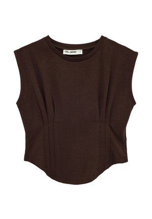 Bezrekawnik ciemnobrązowy, dopasowany, z okrągłym dekoltem i subtelnymi pionowymi przeszyciami z przodu, wewnątrz kołnierzyka metka z napisem „Olé, Koton”.