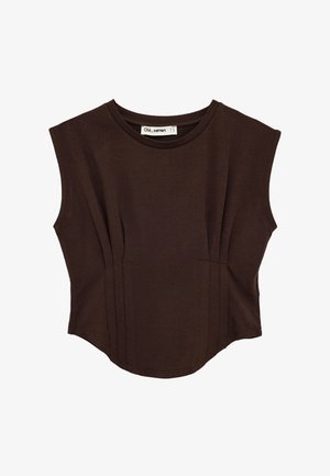 Sleeveless dark brown fitted top with round neckline and subtle vertical seam details on front, label reading "Olé, Koton" inside collar.