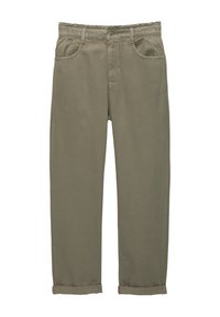 Pantalon kaki à coupe décontractée, taille élastique, deux poches latérales et revers roulés. Fabriqué dans un tissu lisse et léger.