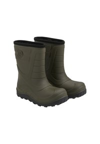 Bottes en caoutchouc vert olive avec une tige texturée, hauteur mi-mollet et doublure noire. La semelle extérieure présente des rainures profondes pour une meilleure traction.