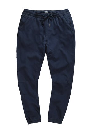 Joggers navy de tejido de algodón con mezcla, que cuentan con una cinturilla elástica con cordón, bolsillos laterales y piernas estrechas con puños.