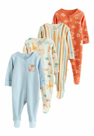 Fire baby sovedragter i blå, dinosaur- og solmønstre på creme, flerfarvede striber samt orange med dinosaur-designs, alle med tryklåse.