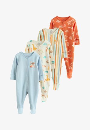 Cuatro pijamas para bebé en azul, con estampados de dinosaurios y sol sobre crema, rayas multicolor y naranja con diseños de dinosaurios, todos con cierres de broches.