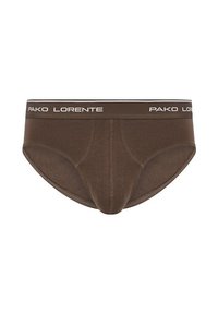 Brązowe bawełniane majtki z wyprofilowanym workiem, elastycznym paskiem w talii z logo "PAKO LORENTE" oraz gładką teksturą.