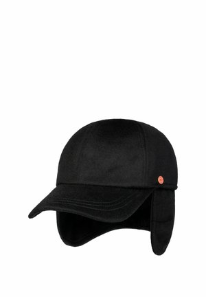 Black winter hat with ear flaps and curved brim, featuring a small round red logo on the side.