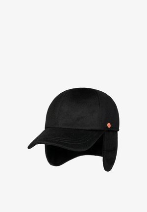 Black winter hat with ear flaps and curved brim, featuring a small round red logo on the side.
