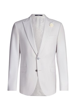 Weißes Herrenblazer mit Kerbknopfloch-Revers, zwei Knöpfen, seitlichen Pattentaschen, Brustleistentasche und einer kleinen weißen Blumen-Reversnadel.