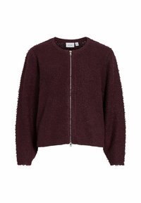Burgundska zip-up jopica z teksturiranim zaključkom, okroglim izrezom in ohlapnimi rokavi, ki ima subtilen frufru podrobno ob robovih.