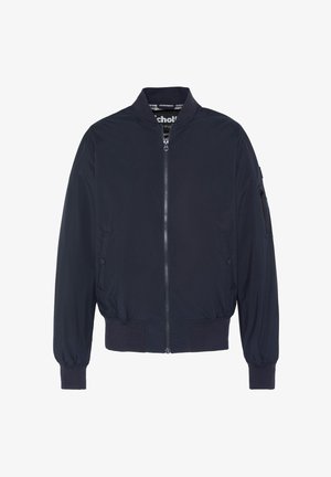 Marine bomberjack met een rits aan de voorkant, ribgebreide manchetten en onderrand. Beschikt over zijzakken en een extra ritszak op de mouw.