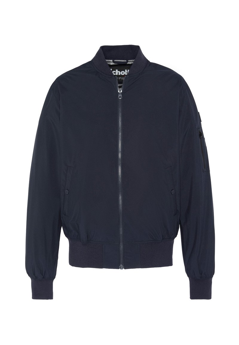 Chaqueta bomber en color navy con cierre frontal, puños y dobladillo acanalados. Cuenta con bolsillos laterales y un bolsillo adicional con cremallera en la manga.