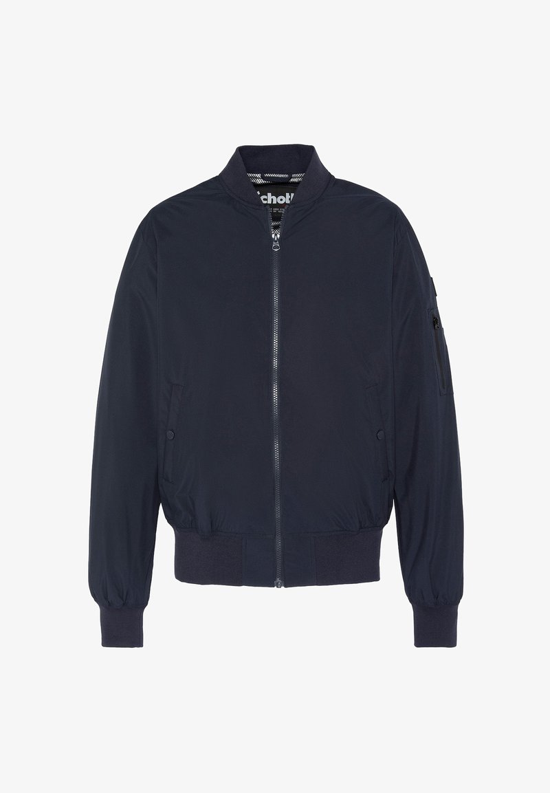 Veste de pilote marine avec fermeture éclair frontale, poignets et ourlet côtelés. Comprend des poches latérales et une poche zippée supplémentaire sur la manche.