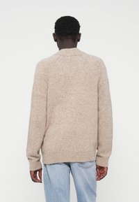 Beežist kootud ümar-kaelusega kampsun, soonikkoes varrukaotsade ja äärega. Omab tekstuurset viimistlust, kus throughout värvilised täpid. Kujutatud on tagantvaade.