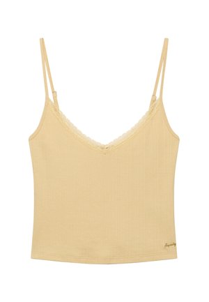 Beiger gerippter Camisole-Top mit V-Ausschnitt, Spitzenbesatz und dünnen verstellbaren doppelten Schulterträgern.
