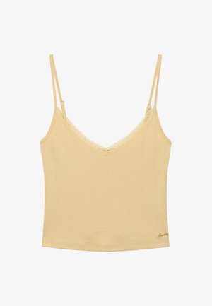 Beiger gerippter Camisole-Top mit V-Ausschnitt, Spitzenbesatz und dünnen verstellbaren doppelten Schulterträgern.