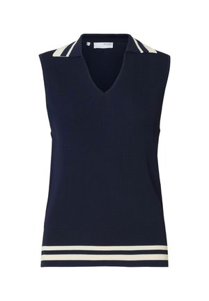 Haut sans manches en ribbed navy avec un décolleté en V, présentant un col et un ourlet inférieur à rayures blanches. Conçu pour un silhouette ajustée.