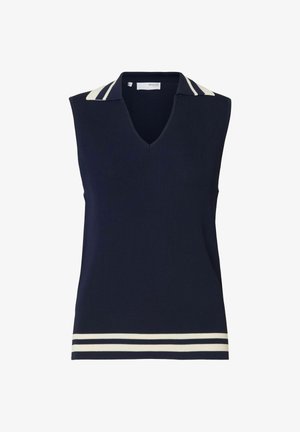 Haut sans manches en ribbed navy avec un décolleté en V, présentant un col et un ourlet inférieur à rayures blanches. Conçu pour un silhouette ajustée.