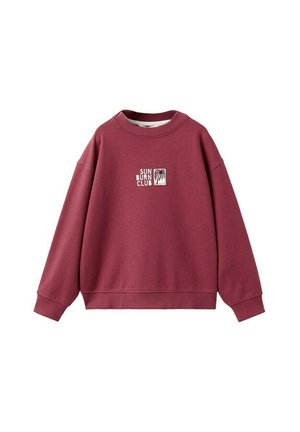 Sweat-shirt bordeaux à col rond avec poignets et ourlet côtelés, arborant un texte blanc "SUN BURN CLUB" et un motif de palmier sur la poitrine.