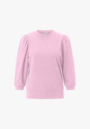 Hele roosa pika varrukaga pluus punnitäidistega õlgadega, ümmarguse kaelusega ja kitsendatud mansettidega, valgel taustal esitatud.