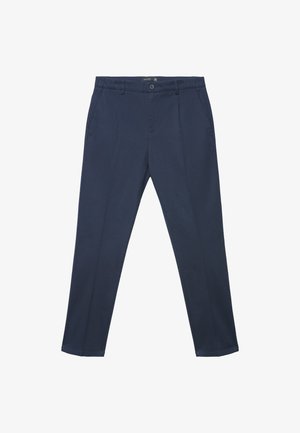 Pantaloni blu navy caratterizzati da un tessuto liscio, taglio dritto, pieghe frontali, due tasche laterali e chiusura con bottone.