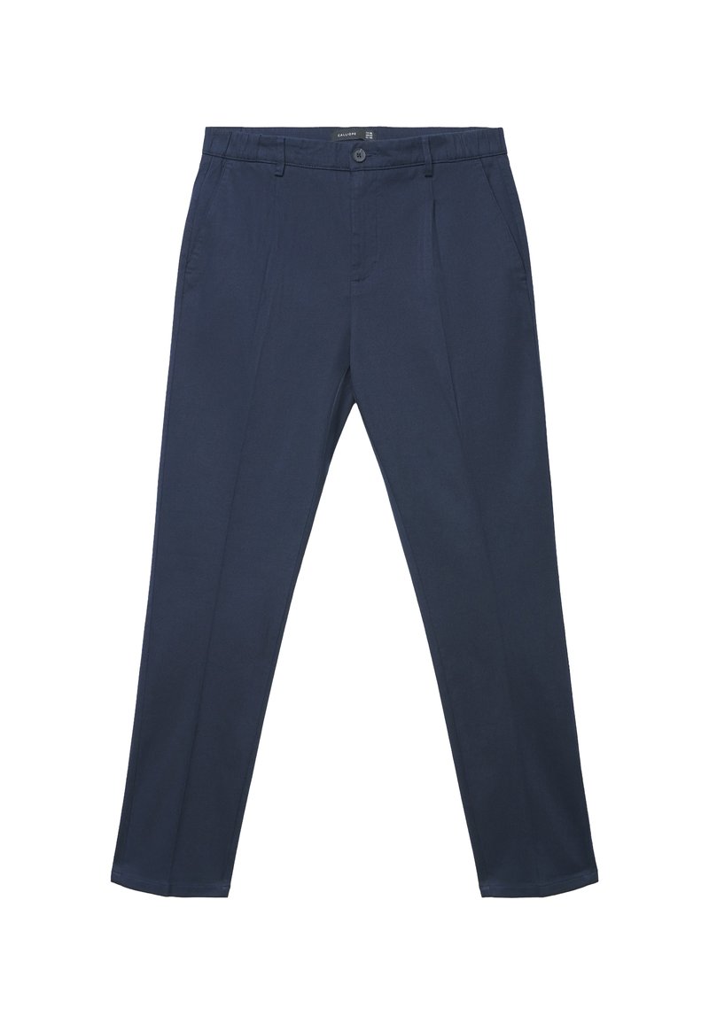 Marineblaue Hose mit glattem Gewebe, geradem Schnitt, vorderen Falten, zwei Seitentaschen und Knopfverschluss.