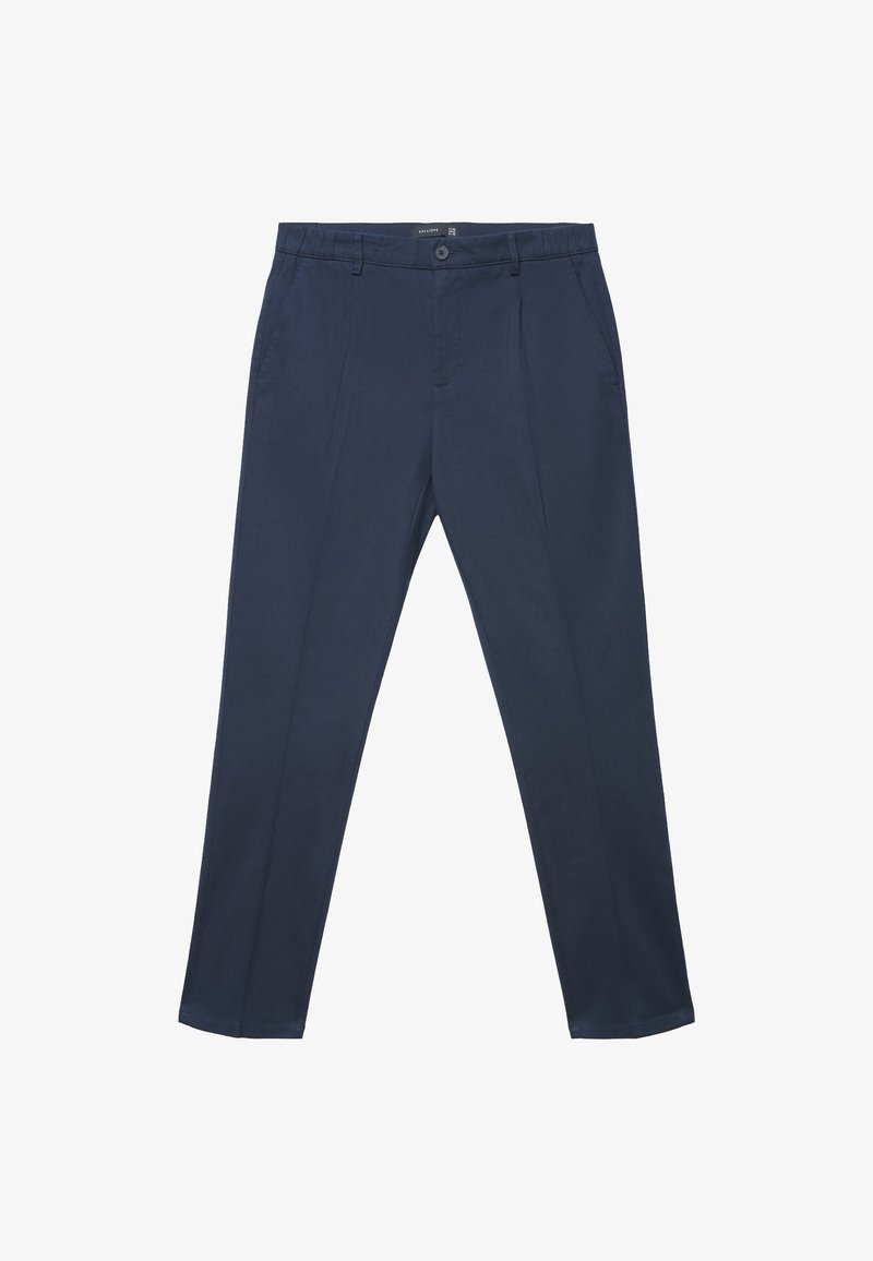 Pantaloni blu navy caratterizzati da un tessuto liscio, taglio dritto, pieghe frontali, due tasche laterali e chiusura con bottone.