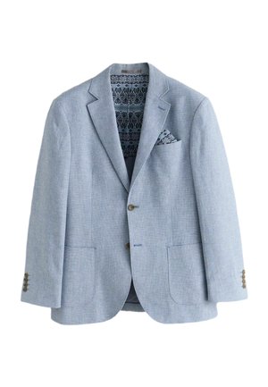 Hele sinine bleiser tekstuurse kangaga, kahe esitaskuga, pruunide nööpide ja mustrilise voodriga. Sisaldab taskurätikut.