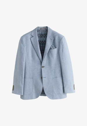 Hellblauer Blazer mit strukturierter Stoffqualität, zwei Vordertaschen, braunen Knöpfen und gemusterter Innenfütterung. Inklusive Einstecktuch.