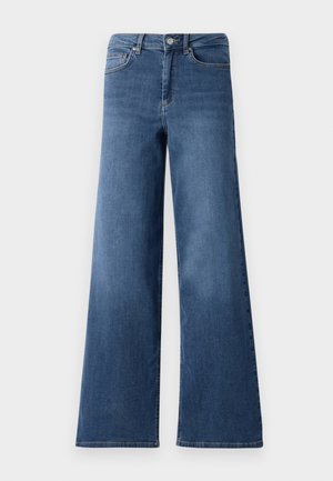 Wide-leg blue denim jeans featuring a standard waistband, front pockets, and a smooth texture. No visible patterns or embellishments.