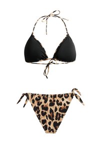 Top bikini triangolare nero con dettagli stampa leopardata e lacci, slip coordinato con stampa leopardata e lacci laterali.
